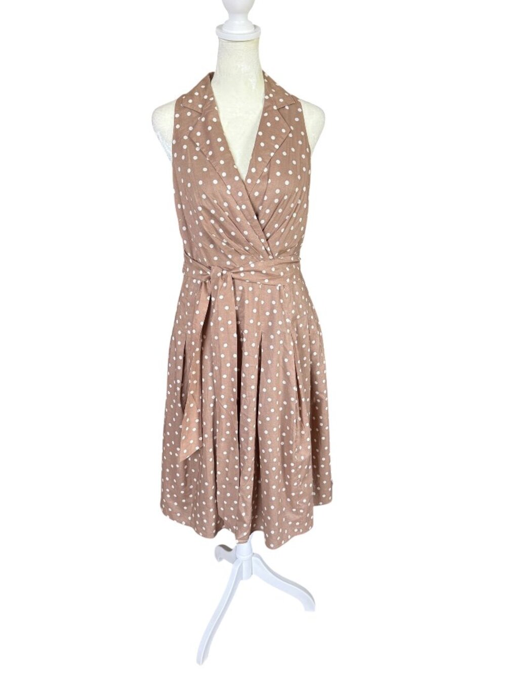 Evan Picone women's tan polka dot fully lined pleated fit-and-flare tie dress 4